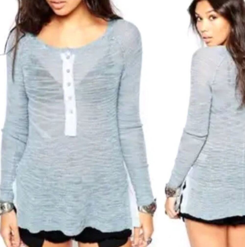 FREE PEOPLE Storm Blue Mountain Song Henley Knit Shirt MD
